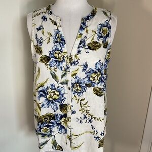 Joie Linen Sleeveless Floral Blouse Blue Green Summer Top Size Medium